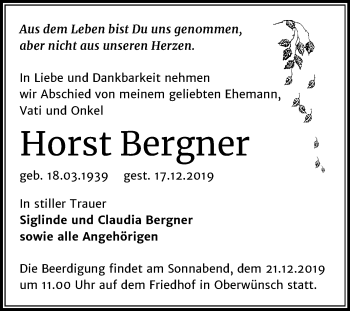 Traueranzeige von Horst Bergner von Mitteldeutsche Zeitung Merseburg/Querfurt