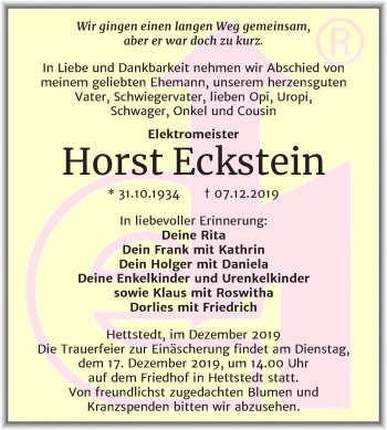 Traueranzeige von Horst Eckstein von Super Sonntag Mansfelder Land