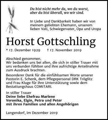 Traueranzeige von Horst Gottschling von Super Sonntag Zeitz