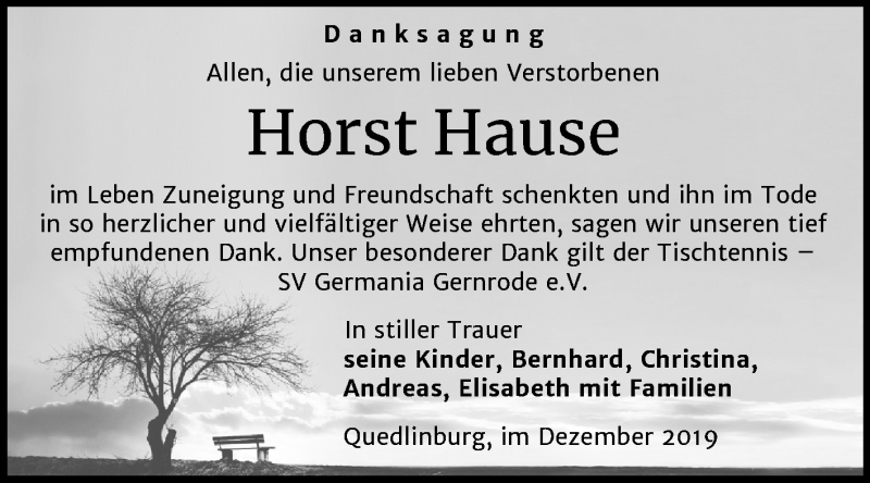  Traueranzeige für Horst Hause vom 14.12.2019 aus Mitteldeutsche Zeitung Quedlinburg