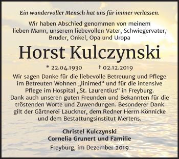 Traueranzeige von Horst Kulczynski von Wochenspiegel Naumburg/Nebra