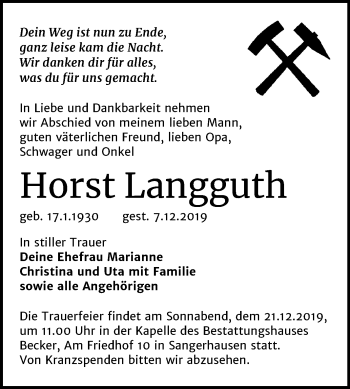Traueranzeige von Horst Langguth von Mitteldeutsche Zeitung Sangerhausen