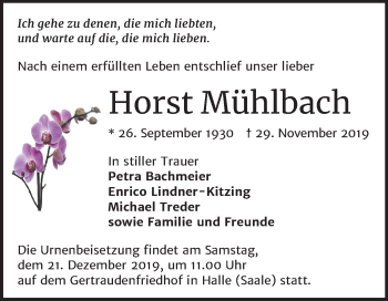 Traueranzeige von Horst Mühlbach von Mitteldeutsche Zeitung Halle/Saalkreis