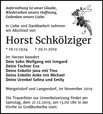 Traueranzeige von Horst Schkölziger von Mitteldeutsche Zeitung Weißenfels