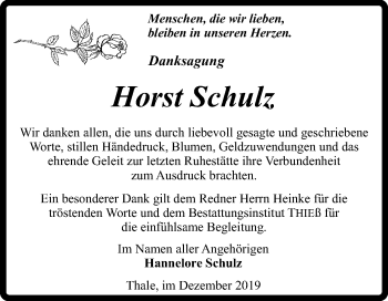 Traueranzeige von Horst Schulz von Wochenspiegel Quedlinburg