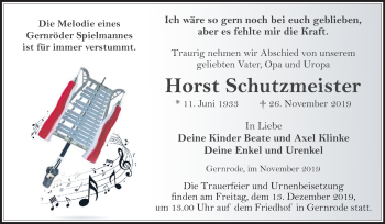 Traueranzeige von Horst Schutzmeister von Super Sonntag Quedlinburg