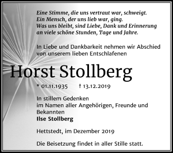 Traueranzeige von Horst Stollberg von Mitteldeutsche Zeitung Mansfelder Land