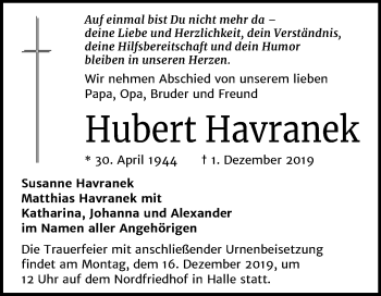 Traueranzeige von Hubert Havranek von Mitteldeutsche Zeitung Halle/Saalkreis