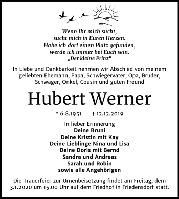 Traueranzeige von Hubert Werner von Mitteldeutsche Zeitung Merseburg/Querfurt