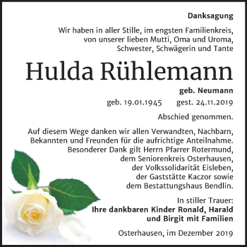 Traueranzeige von Hulda Rühlemann von Mitteldeutsche Zeitung Mansfelder Land