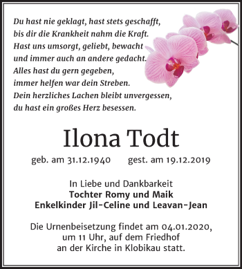 Traueranzeige von Ilona Todt von Mitteldeutsche Zeitung Merseburg/Querfurt