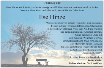 Traueranzeige von Ilse Hinze von Super Sonntag Wittenberg