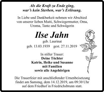 Traueranzeige von Ilse Jahn von Super Sonntag Quedlinburg