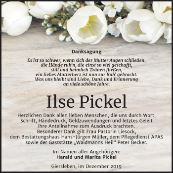 Traueranzeige von Ilse Pickel von Wochenspiegel Aschersleben