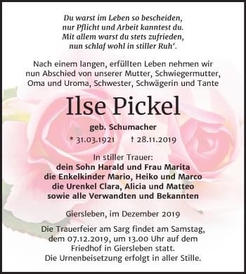 Traueranzeige von Ilse Pickel von Wochenspiegel Aschersleben