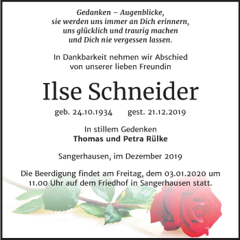 Traueranzeige von Ilse Schneider von Mitteldeutsche Zeitung Sangerhausen