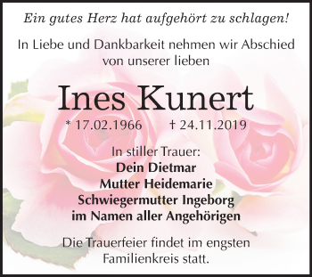 Traueranzeige von Ines Kunert von Wochenspiegel Merseburg/Querfurt