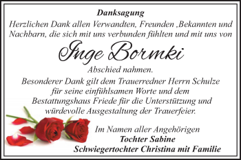 Traueranzeige von Inge Bormki von Mitteldeutsche Zeitung Dessau-Roßlau