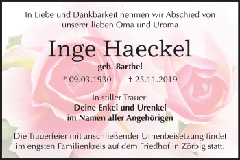 Traueranzeige von Inge Haeckel von Wochenspiegel Bitterfeld