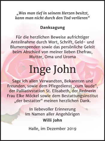 Traueranzeige von Inge John von Mitteldeutsche Zeitung Halle/Saalkreis