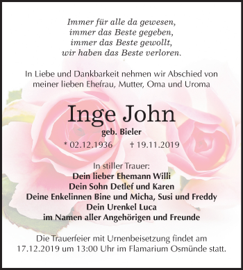 Traueranzeige von Inge John von Mitteldeutsche Zeitung Halle/Saalkreis