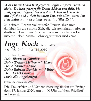 Traueranzeige von Inge Koch von Mitteldeutsche Zeitung Aschersleben