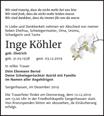 Traueranzeige von Inge Köhler von Super Sonntag Sangerhausen