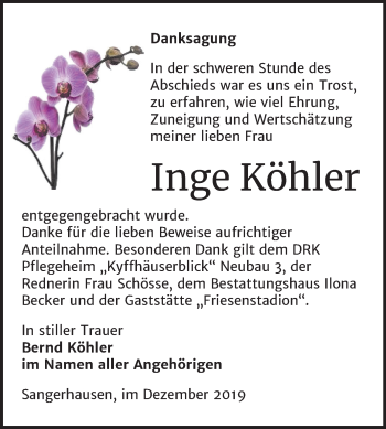 Traueranzeige von Inge Köhler von Super Sonntag Sangerhausen