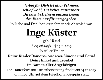 Traueranzeige von Inge Küster von Mitteldeutsche Zeitung Bitterfeld