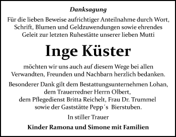 Traueranzeige von Inge Küster von Mitteldeutsche Zeitung Bitterfeld