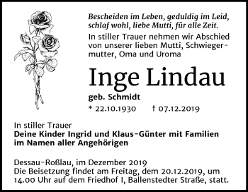 Traueranzeige von Inge Lindau von Mitteldeutsche Zeitung Dessau-Roßlau
