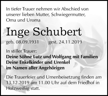 Traueranzeige von Inge Schubert von Wochenspiegel Bitterfeld