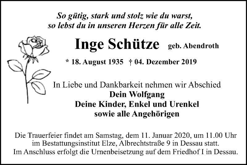 Traueranzeige für Inge Schütze vom 21.12.2019 aus Super Sonntag Dessau-Roßlau