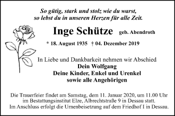 Traueranzeige von Inge Schütze von Super Sonntag Dessau-Roßlau
