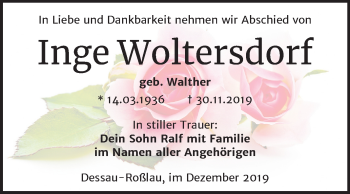 Traueranzeige von Inge Woltersdorf von Super Sonntag Dessau-Roßlau
