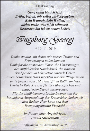 Traueranzeige von Ingeborg Georgi von Super Sonntag Sangerhausen