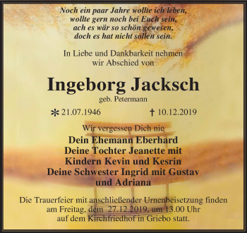Traueranzeige von Ingeborg Jacksch von Mitteldeutsche Zeitung Wittenberg