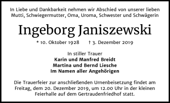Traueranzeige von Ingeborg Janiszewski von Mitteldeutsche Zeitung Halle/Saalkreis