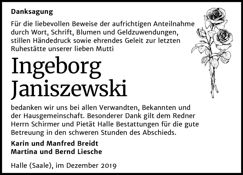  Traueranzeige für Ingeborg Janiszewski vom 28.12.2019 aus Mitteldeutsche Zeitung Halle/Saalkreis
