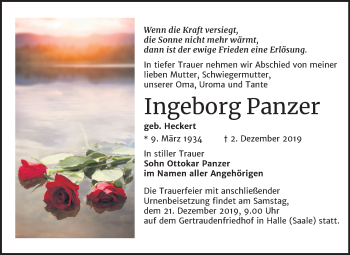 Traueranzeige von Ingeborg Panzer von Mitteldeutsche Zeitung Halle/Saalkreis