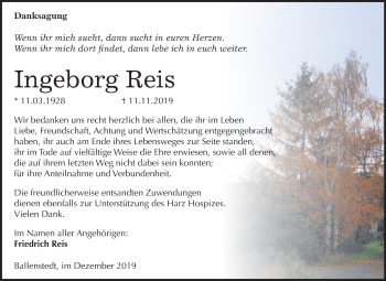 Traueranzeige von Ingeborg Reis von Mitteldeutsche Zeitung Quedlinburg