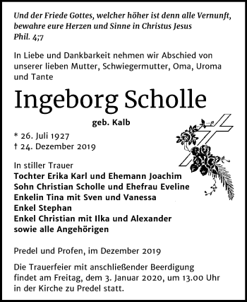 Traueranzeige von Ingeborg Scholle von Mitteldeutsche Zeitung Zeitz
