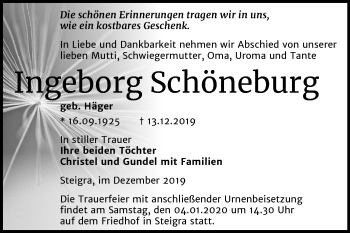Traueranzeige von Ingeborg Schöneburg von Super Sonntag Merseburg/Querfurt