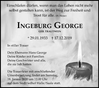 Traueranzeige von Ingeburg George von Mitteldeutsche Zeitung Halle/Saalkreis