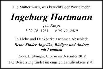 Traueranzeige von Ingeburg Hartmann von Super Sonntag Sangerhausen