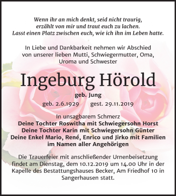 Traueranzeige von Ingeburg Hörold von Super Sonntag Sangerhausen