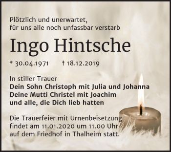 Traueranzeige von Ingo Hintsche von Mitteldeutsche Zeitung Bitterfeld