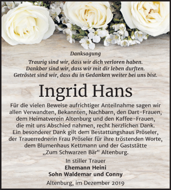Traueranzeige von Ingrid Hans von Mitteldeutsche Zeitung Bernburg