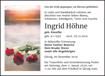 Traueranzeige von Ingrid Höhne von Super Sonntag Köthen