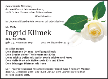 Traueranzeige von Ingrid Klimek von Mitteldeutsche Zeitung Halle/Saalkreis